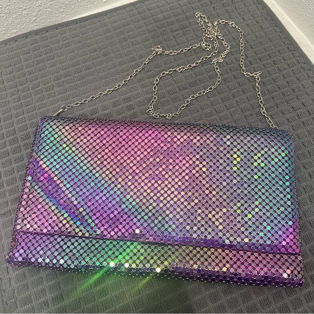 Iridescent Metal ‘mesh’ Purple Zip Crossbody Evening Bag